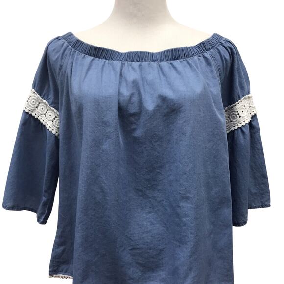 Joes Collection Top Womens Large Blue Chambray White Detailed Hemline - Picture 3 of 8